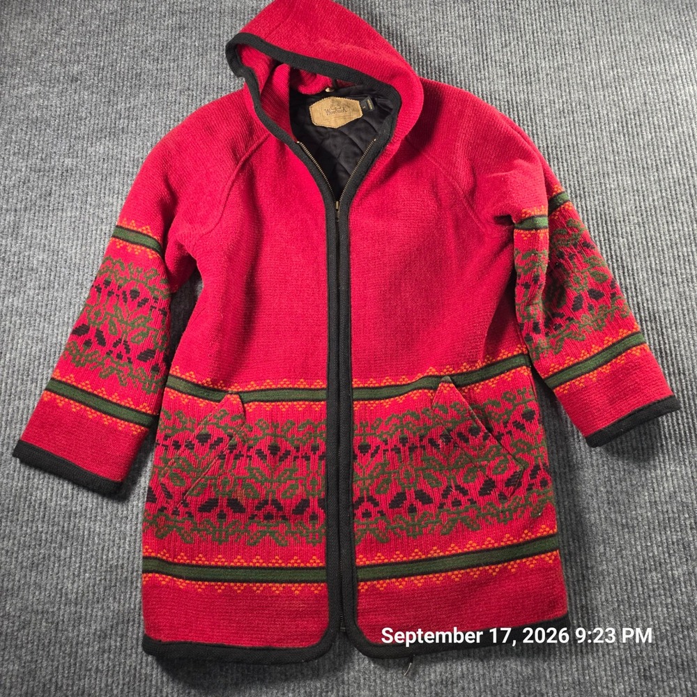 Vintage Woolrich Red Wool Hooded Coat Quilted Lining Fair Isle Made in USA Med
